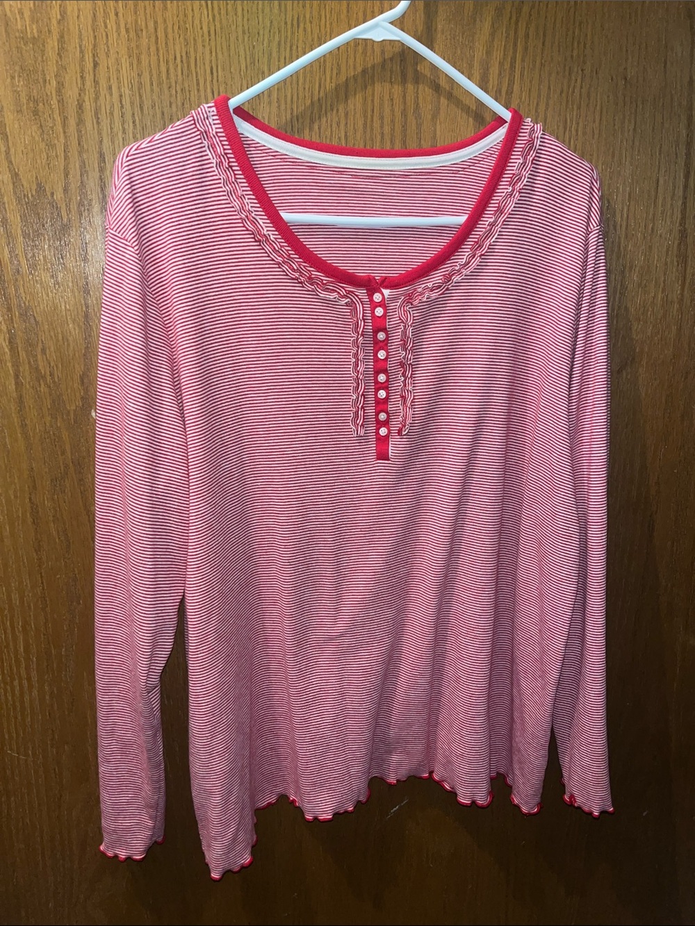 Striped Pink Ruffle-Trim Long Sleeve Henley Top
